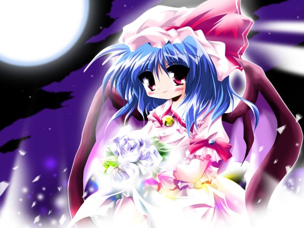 Anime picture 1600x1200 with touhou remilia scarlet single looking at viewer blush fringe short hair hair between eyes blue hair night girl flower (flowers) hat wings moon bonnet full moon bouquet