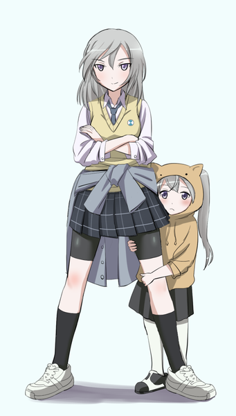 Anime picture 583x1024 with strike witches eila ilmatar juutilainen aurora e juutilainen kaneko (novram58) long hair tall image blush purple eyes multiple girls light smile grey hair loli girl skirt 2 girls socks black socks sweater vest leggings