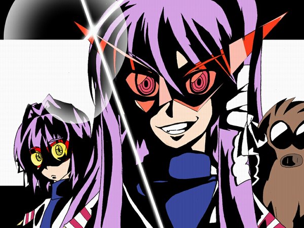 Anime picture 1024x768 with clannad tengen toppa gurren lagann gainax key (studio) fujibayashi kyou fujibayashi ryou botan purple hair parody sunglasses kamina shades