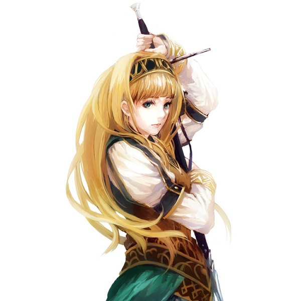 Anime picture 1000x1000 with valkyrie profile alicia opiu (artist) single long hair fringe blue eyes simple background blonde hair white background holding pale skin girl hair ornament weapon sword