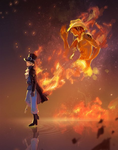 Anime picture 626x800 with one piece toei animation portgas d. ace sabo (one piece) dywx poison single tall image blonde hair standing bent knee (knees) eyes closed profile tattoo reflection boy gloves hat boots fire flame