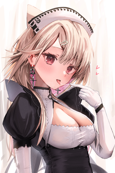 Anime picture 2000x3000 with arknights kazemaru (arknights) kazemaru (like illusion) (arknights) horn/wood single tall image looking at viewer blush highres breasts open mouth light erotic blonde hair red eyes large breasts pink hair cleavage multicolored hair two-tone hair puffy sleeves