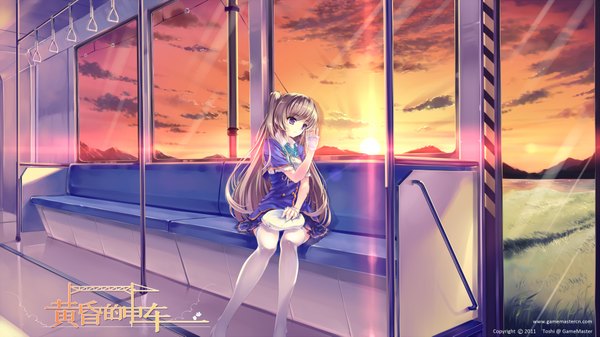 Anime picture 1920x1079 with toshi (www000wj) single long hair highres brown hair wide image purple eyes sunlight evening sunset girl thighhighs uniform plant (plants) school uniform white thighhighs grass train