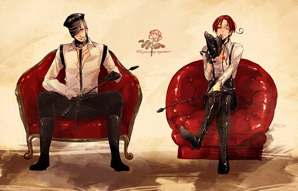 Anime picture 1100x704 with axis powers hetalia studio deen germany (hetalia) north italy (hetalia) blue eyes simple background sitting brown eyes inscription crossed legs lacing boy flower (flowers) shirt heart collar couch flat cap armchair