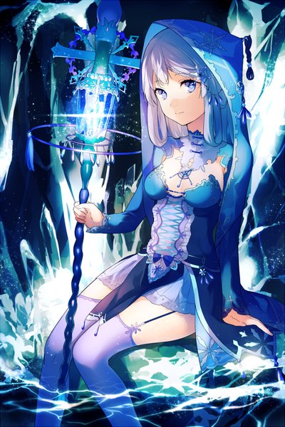 Anime picture 600x900 with original achiki single long hair tall image fringe blue eyes smile sitting holding blue hair bent knee (knees) glow girl dress hair ornament ribbon (ribbons) water hood staff