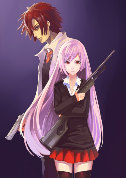 Anime picture 1265x1789 with original nr noir long hair tall image looking at viewer highres short hair red eyes pink hair red hair pleated skirt open clothes open jacket gradient background purple background girl thighhighs boy skirt weapon