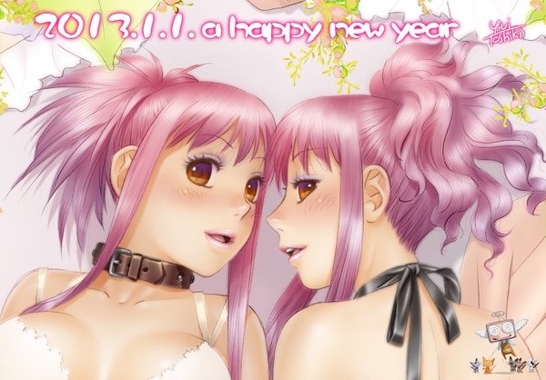 Anime picture 1550x1080 with original toshiki yui long hair looking at viewer blush breasts open mouth light erotic smile large breasts bare shoulders multiple girls brown eyes yellow eyes purple hair ponytail profile looking back lips on back