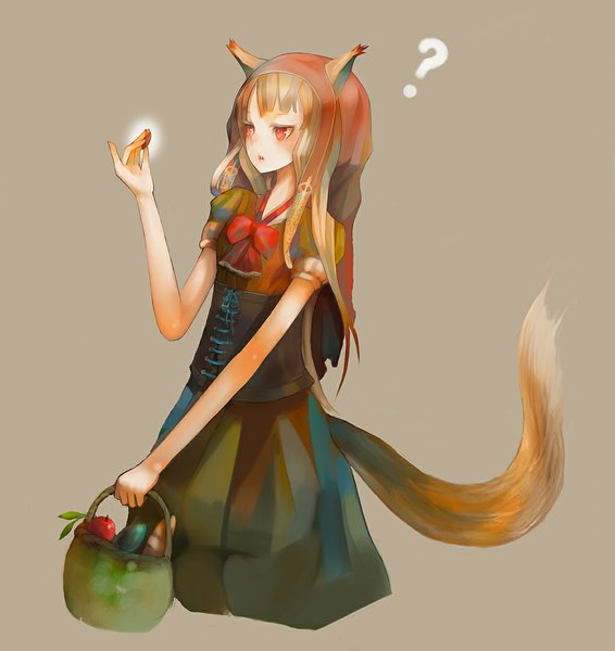 Anime picture 1024x1084 with spice and wolf horo jasmine (pixiv) single long hair tall image simple background red eyes brown hair animal ears tail wolf ears wolf tail wolf girl ? girl dress bow hood fruit
