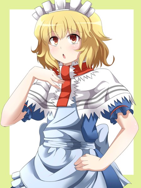Anime picture 1767x2362 with touhou alice margatroid eo (artist) single tall image blush highres short hair open mouth blonde hair red eyes girl dress headdress