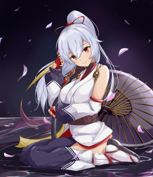 Anime picture 1294x1500 with fate (series) fate/grand order tomoe gozen (fate) hoshimiya mashiro single long hair tall image looking at viewer blush fringe breasts smile hair between eyes sitting holding brown eyes silver hair ponytail traditional clothes head tilt