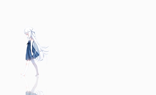 Anime picture 3445x2109 with original yuu (shiro yurine) shiro yurine single long hair blush fringe highres simple background wide image white background bare shoulders absurdres full body white hair eyes closed head tilt profile barefoot no shoes