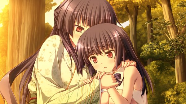 Anime picture 1280x720 with chrono clock sawatari michiru koku long hair blush black hair red eyes wide image multiple girls game cg traditional clothes japanese clothes girl 2 girls plant (plants) tree (trees) kimono