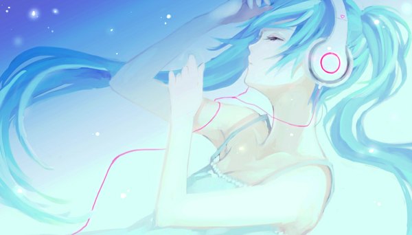 Anime picture 1000x571 with vocaloid hatsune miku zombie neko single wide image twintails bare shoulders eyes closed very long hair aqua hair sleeping girl headphones wire (wires) nightie