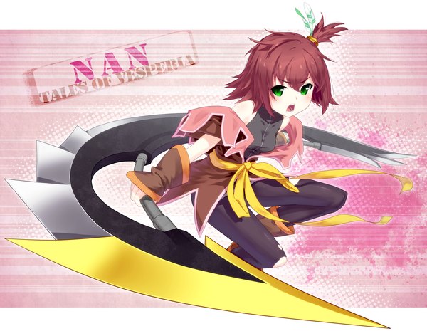Anime picture 1410x1111 with tales of (series) tales of vesperia nan sturm (artist) single short hair open mouth green eyes red hair copyright name character names girl weapon