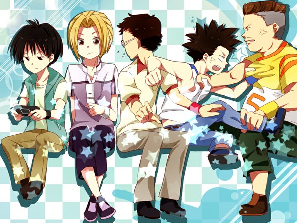 Anime picture 1024x768 with level e mayo mayuzumi osamu momochi yoshiki shimizu kunimitsu yokota efude (artist) short hair black hair blonde hair brown hair multiple boys group checkered background anger vein playing games fat man boy glasses jacket star (symbol)