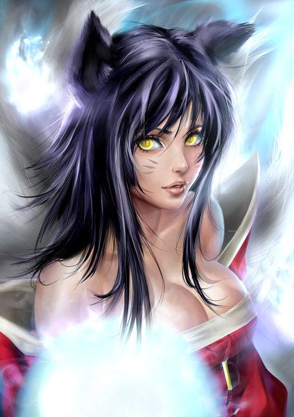 Anime picture 800x1131 with league of legends ahri (league of legends) sekatsu single long hair tall image looking at viewer breasts black hair large breasts bare shoulders animal ears yellow eyes tail traditional clothes japanese clothes animal tail lips fox ears facial mark