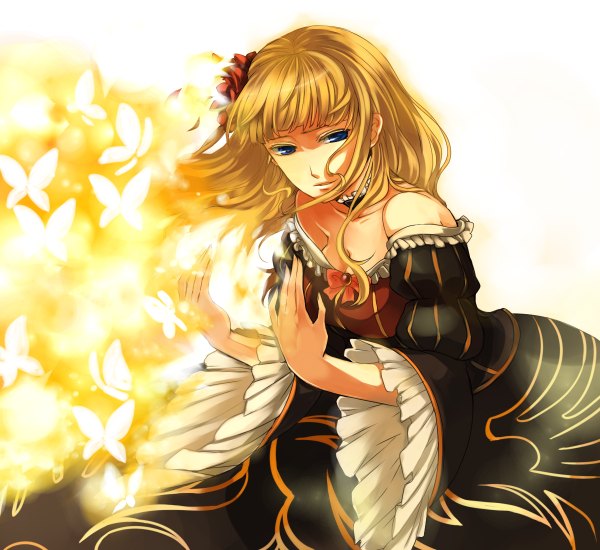 Anime picture 1200x1100 with umineko no naku koro ni beatrice nanamura single long hair blue eyes blonde hair bare shoulders cleavage hair flower girl dress hair ornament insect butterfly