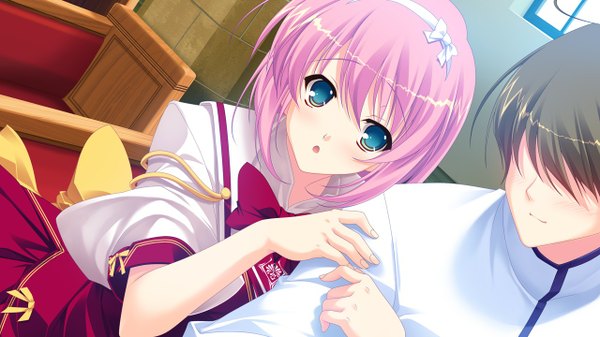 Anime picture 1280x720 with kimi wo aogi otome wa hime ni enatsu ayame short hair blue eyes wide image pink hair game cg couple girl boy serafuku