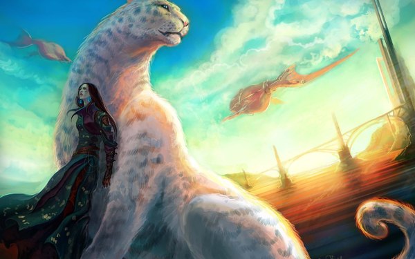 Anime picture 2560x1600 with original anndr (artist) highres wide image cloud (clouds) evening sunset girl animal water cloak fish (fishes) sun bridge tower