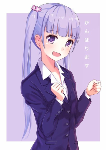 Anime picture 905x1280 with new game! doga kobo suzukaze aoba itachi kanade single long hair tall image looking at viewer blush fringe open mouth simple background twintails purple eyes purple hair upper body blunt bangs purple background formal girl