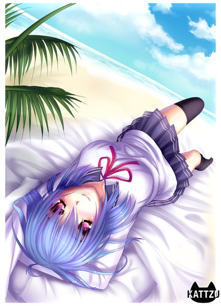 Anime picture 1024x1414 with kattzu single long hair tall image looking at viewer blush smile blue hair sky cloud (clouds) lying pink eyes beach arms behind head framed girl thighhighs skirt uniform black thighhighs