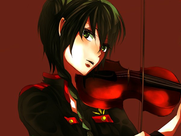 Anime picture 1024x768 with inazuma eleven mistorene callus short hair simple background green eyes green hair single braid brown background boy violin bow (instrument)