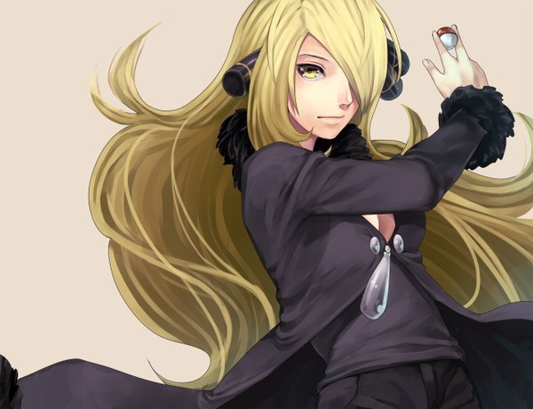 Anime picture 1300x1000 with pokemon pokemon dppt nintendo cynthia (pokemon) irohara mitabi single long hair fringe blonde hair simple background yellow eyes cleavage hair over one eye brown background girl cloak pokeball