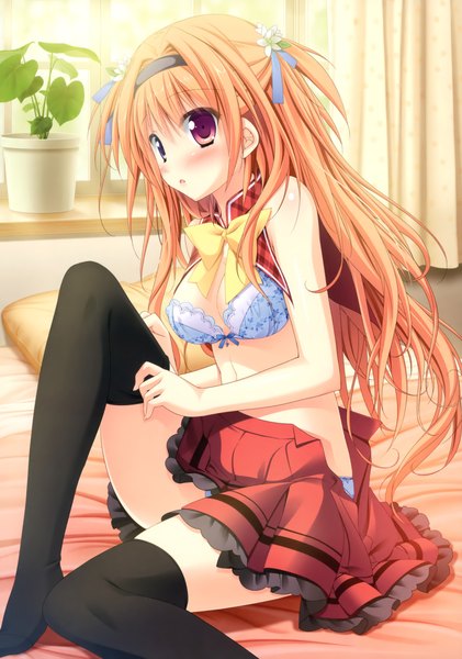 Anime picture 3280x4675 with timepiece ensemble kuramae nanami sesena yau single long hair tall image blush highres open mouth light erotic absurdres orange hair heterochromia girl thighhighs skirt black thighhighs lingerie bra hairband