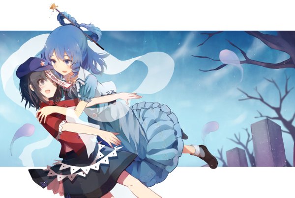 Anime picture 2400x1617 with touhou kaku seiga miyako yoshika tare nu (usesase) highres short hair open mouth blue eyes black hair multiple girls blue hair black eyes hug bare tree zombie zombie pose girl dress hair ornament 2 girls