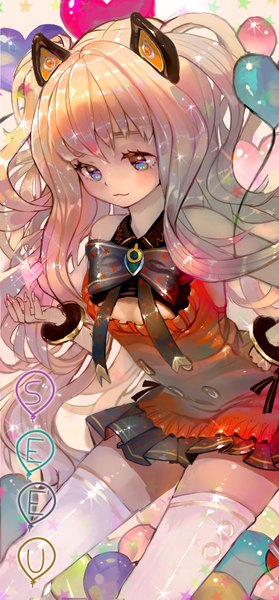 Anime picture 826x1771 with vocaloid seeu crab d single long hair tall image blush fringe blue eyes blonde hair standing bare shoulders animal ears pleated skirt fingernails inscription hand on hip shiny skin wavy hair long fingernails