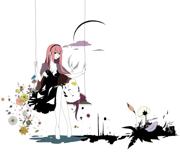 Anime picture 1200x1040 with vocaloid megurine luka hashimochi long hair simple background white background pink hair barefoot legs girl dress flower (flowers) animal hairband black dress bird (birds) swing