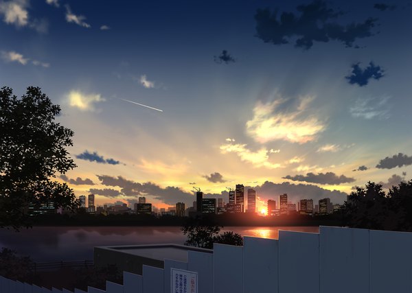 Anime picture 2000x1426 with original pei (sumurai) highres sky cloud (clouds) sunlight city evening sunset cityscape no people scenic city lights river morning sunrise plant (plants) tree (trees) water building (buildings)