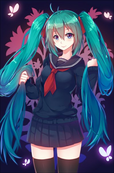 Anime picture 656x990 with vocaloid hatsune miku mhong single tall image looking at viewer blue eyes smile twintails very long hair aqua hair girl thighhighs skirt uniform black thighhighs miniskirt serafuku insect butterfly