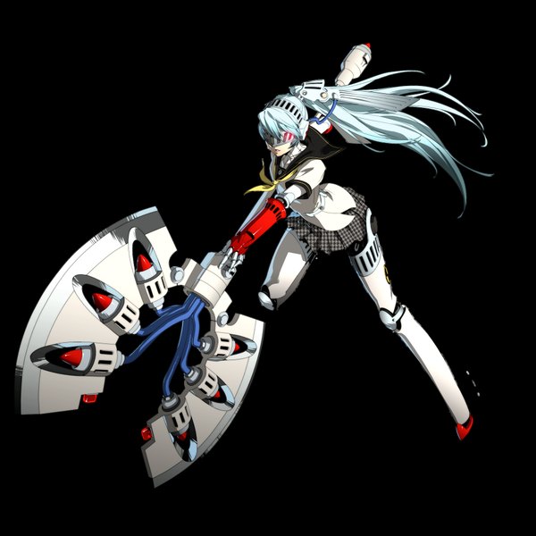 Anime picture 2048x2048 with persona 4 persona labrys soejima shigenori single long hair looking at viewer fringe highres simple background red eyes holding bent knee (knees) white hair ponytail hair over one eye leaning leaning forward black background arched back