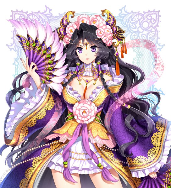 Anime picture 726x800 with daisenran!! sangokushi battle nardack single tall image looking at viewer black hair purple eyes very long hair hair flower girl dress hair ornament flower (flowers) fan shawl