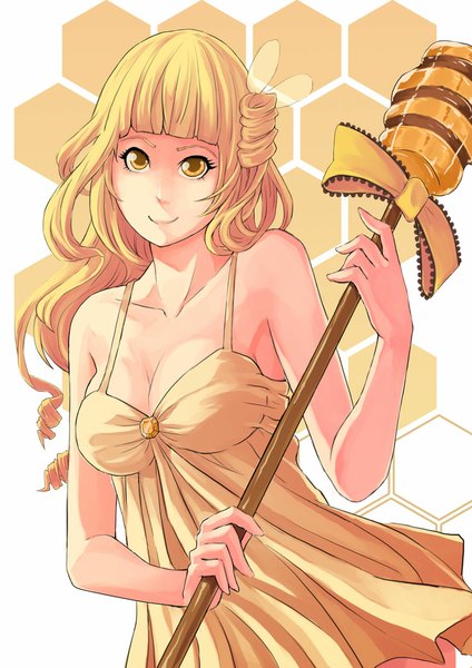 Anime picture 827x1169 with original dream-of-abell single long hair tall image blonde hair smile bare shoulders yellow eyes looking up girl dress staff
