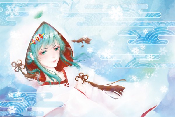 Anime picture 2000x1333 with vocaloid hatsune miku yuki miku yuki miku (2013) yaya3333 single long hair highres looking away traditional clothes aqua eyes light smile aqua hair hair bun (hair buns) egasumi girl hair ornament hairclip hood leaf (leaves)