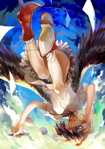 Anime picture 868x1227 with touhou shameimaru aya yamakawa yamanishi zui single tall image looking at viewer short hair open mouth black hair red eyes high heels flying black wings girl skirt miniskirt shirt wings shoes