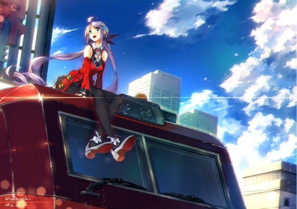 Anime picture 1200x848 with original windforcelan 33 (mkiiiiii) single sitting twintails signed looking away sky purple hair cloud (clouds) ahoge very long hair girl skirt detached sleeves miniskirt pantyhose vest train