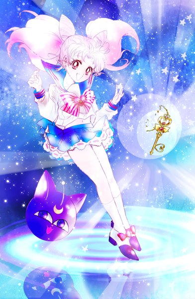 Anime picture 980x1500 with bishoujo senshi sailor moon toei animation chibiusa luna p hazuki (hadukinoki0205) single long hair tall image open mouth red eyes twintails pink hair pleated skirt wind bare belly hair bun (hair buns) reflection frilly skirt glow space
