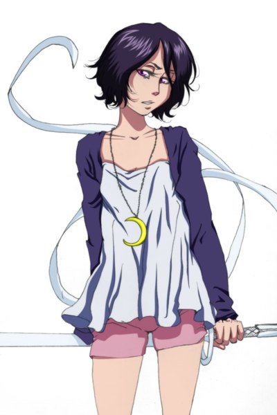 Anime picture 1400x2096 with bleach studio pierrot kuchiki rukia tall image short hair black hair simple background white background purple eyes holding purple hair crescent girl ribbon (ribbons) weapon sword katana pendant