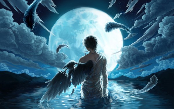 Anime picture 1280x800 with kuroko no basket production i.g himuro tatsuya kabutoo single short hair wide image standing bare shoulders blue hair sky cloud (clouds) from behind off shoulder night wet night sky tears back mountain