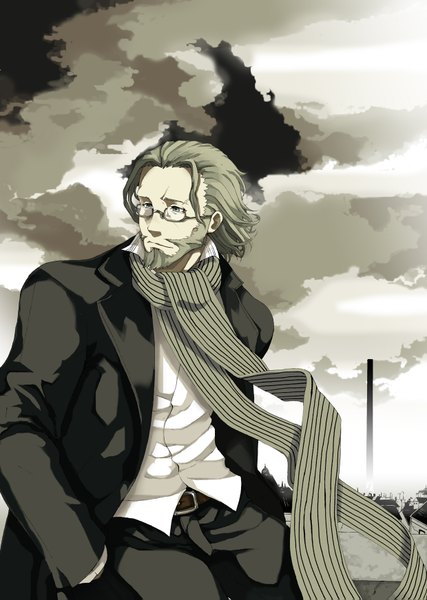 Anime picture 1240x1743 with dogs: bullets & carnage david production mihai mihaeroff single tall image short hair blue eyes blonde hair sky cloud (clouds) hands in pockets boy glasses scarf suit beard