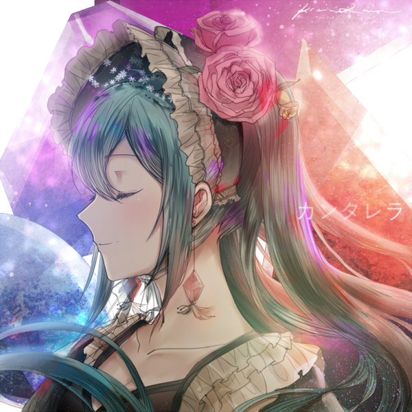 イラスト 800x800 と ボーカロイド 初音ミク マルセイユ ソロ 笑顔 ツインテール signed payot upper body eyes closed プロフィール hair flower green hair alternate costume floating hair dated portrait abstract 女の子 髪飾り