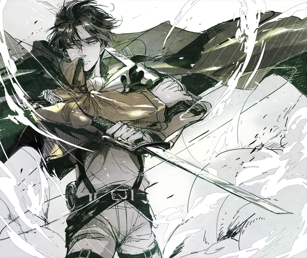 Anime picture 1500x1262 with shingeki no kyojin production i.g levi (rivaille) chacall single looking at viewer fringe short hair black hair holding yellow eyes serious dual wielding boy gloves weapon belt suit