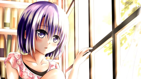 Anime picture 1600x900 with toloveru toloveru darkness xebec sairenji haruna xyomouse single blush short hair open mouth wide image sitting purple eyes looking away purple hair girl window book (books)