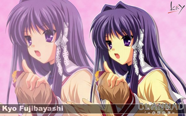 Anime picture 1920x1200 with clannad key (studio) fujibayashi kyou long hair highres open mouth wide image purple eyes purple hair inscription copyright name girl uniform hair ornament school uniform
