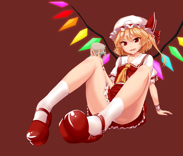 Anime picture 1225x1050 with touhou flandre scarlet mx2j (nsh6394) single short hair light erotic blonde hair red eyes girl dress wings socks white socks skull