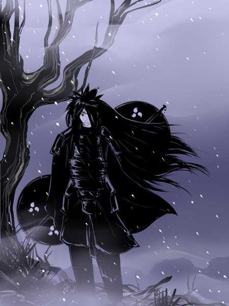 Anime picture 1200x1600 with naruto studio pierrot naruto (series) uchiha madara tagme (artist) single long hair tall image fringe black hair red eyes hair over one eye night snowing akatsuki sharingan fog boy weapon plant (plants)