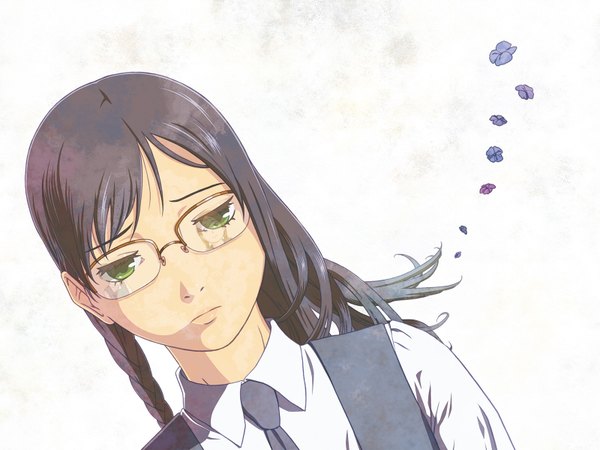 Anime picture 1600x1200 with aoi hana okudaira akira manjoume fumi sugimoto yasuko hitogi single long hair black hair simple background white background green eyes reflection girl uniform flower (flowers) school uniform petals glasses necktie